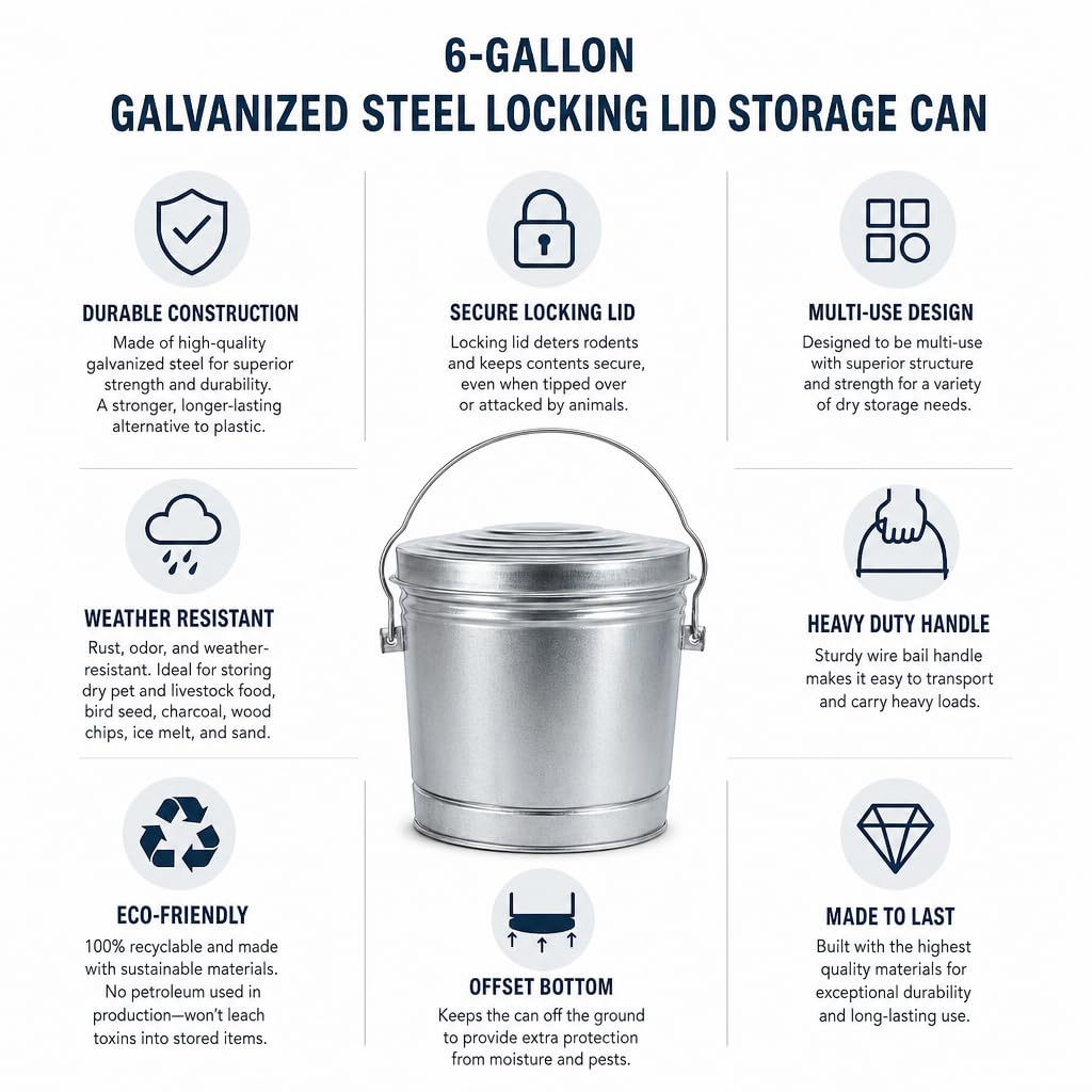 6 Gallon Galvanized Steel Storage Can with Locking Lid R12557