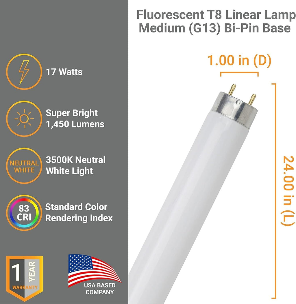 24 Inch T8 Fluorescent Tube Light Bulb 17W 3500K G13 Bi-Pin Pack of 10 F6113