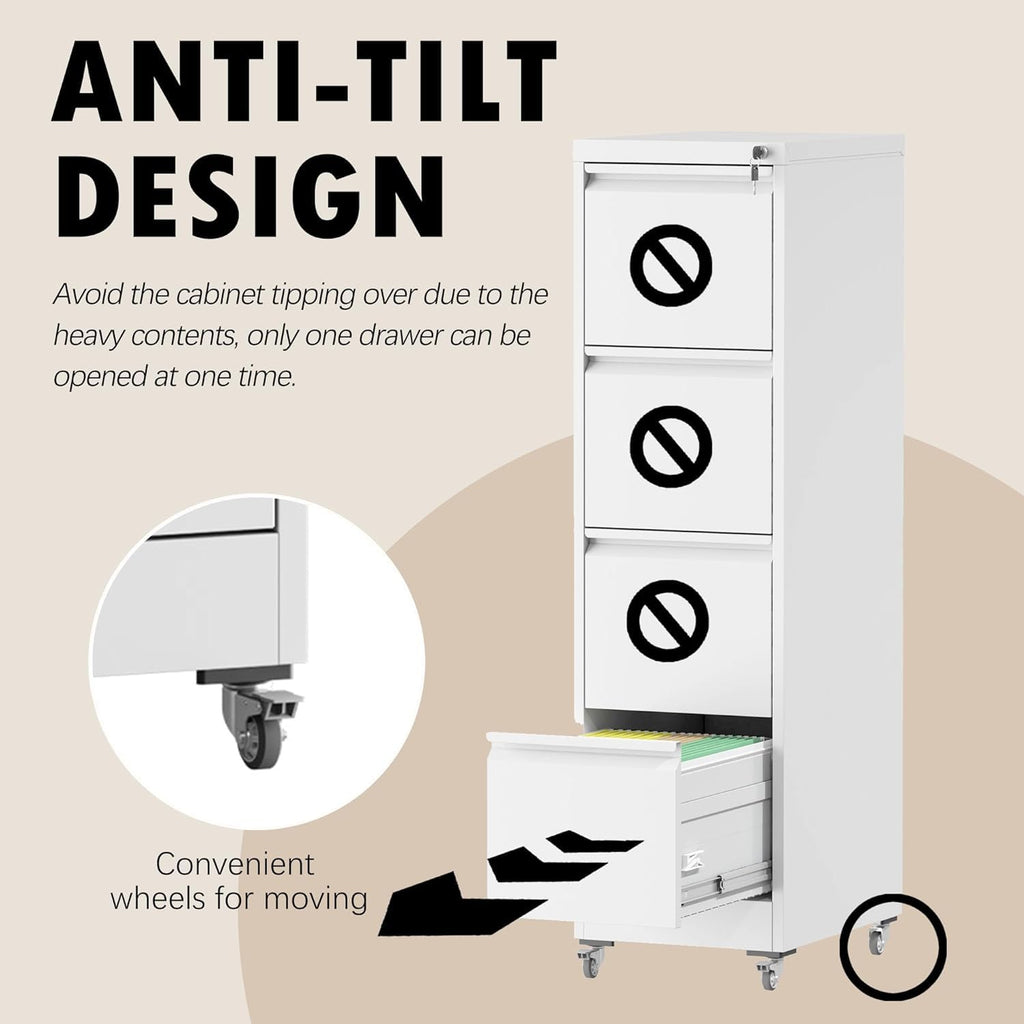 White 4 Drawer Metal File Cabinet with Wheels V144