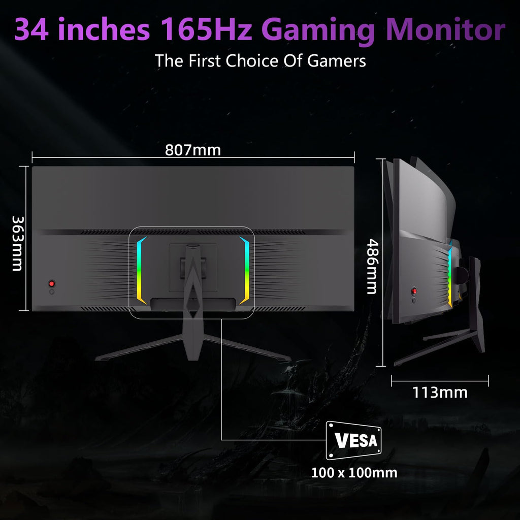 34 Inch Curved Ultra Wide WQHD Gaming Monitor 165Hz 1ms HDR400 H3021