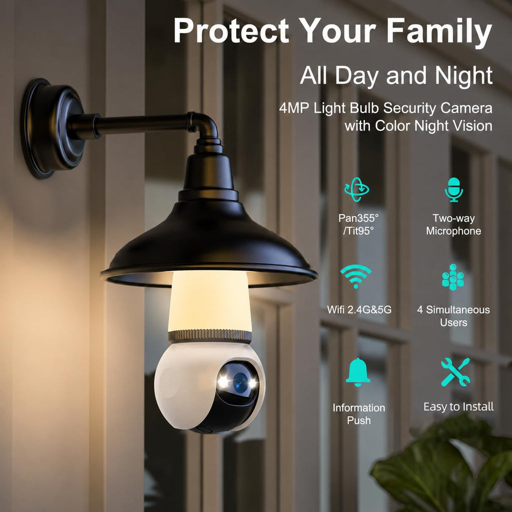 Light Bulb Security Camera 2K Color Night Vision Motion Detection Siren Alarm Two-Way Audio D381