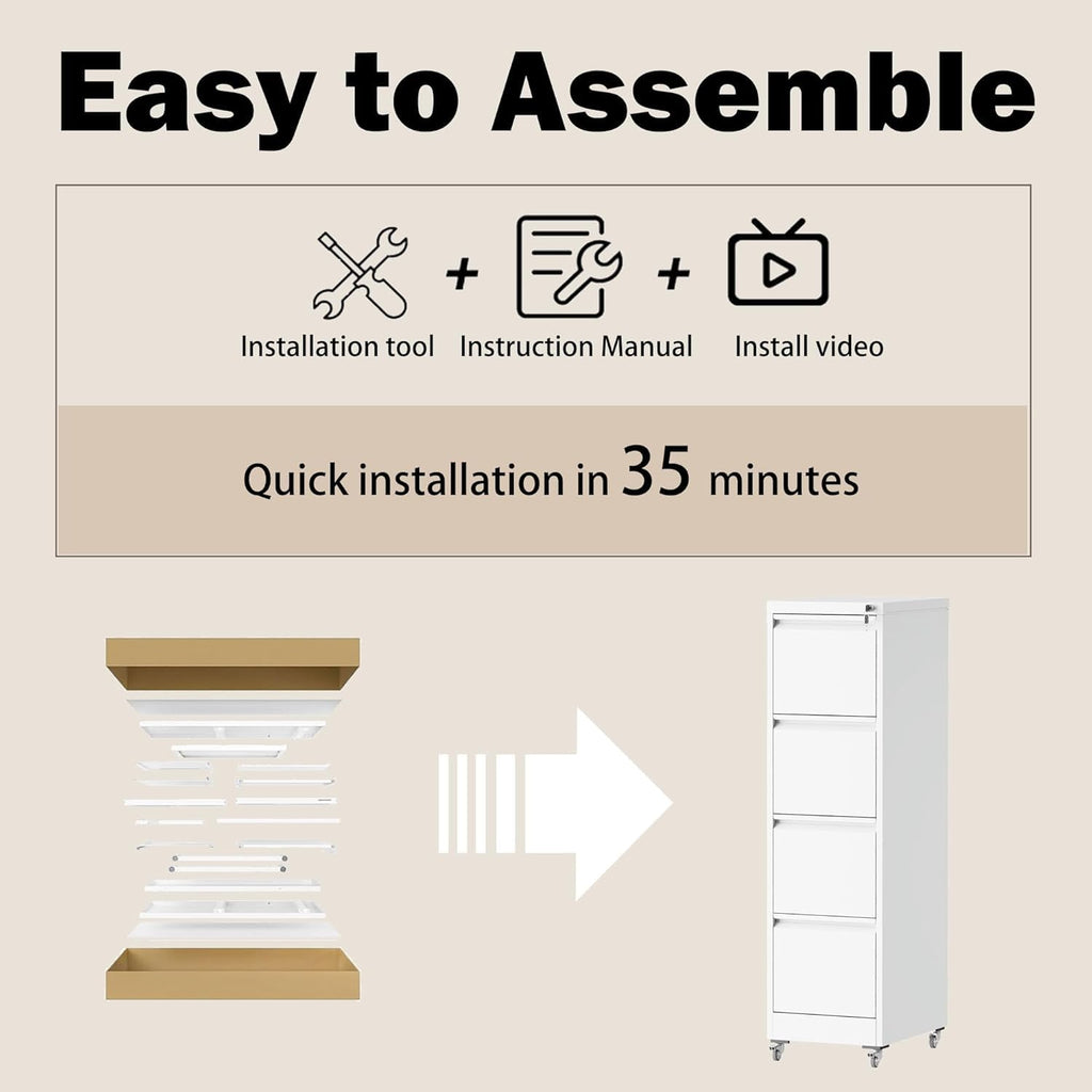 White 4 Drawer Metal File Cabinet with Wheels V144
