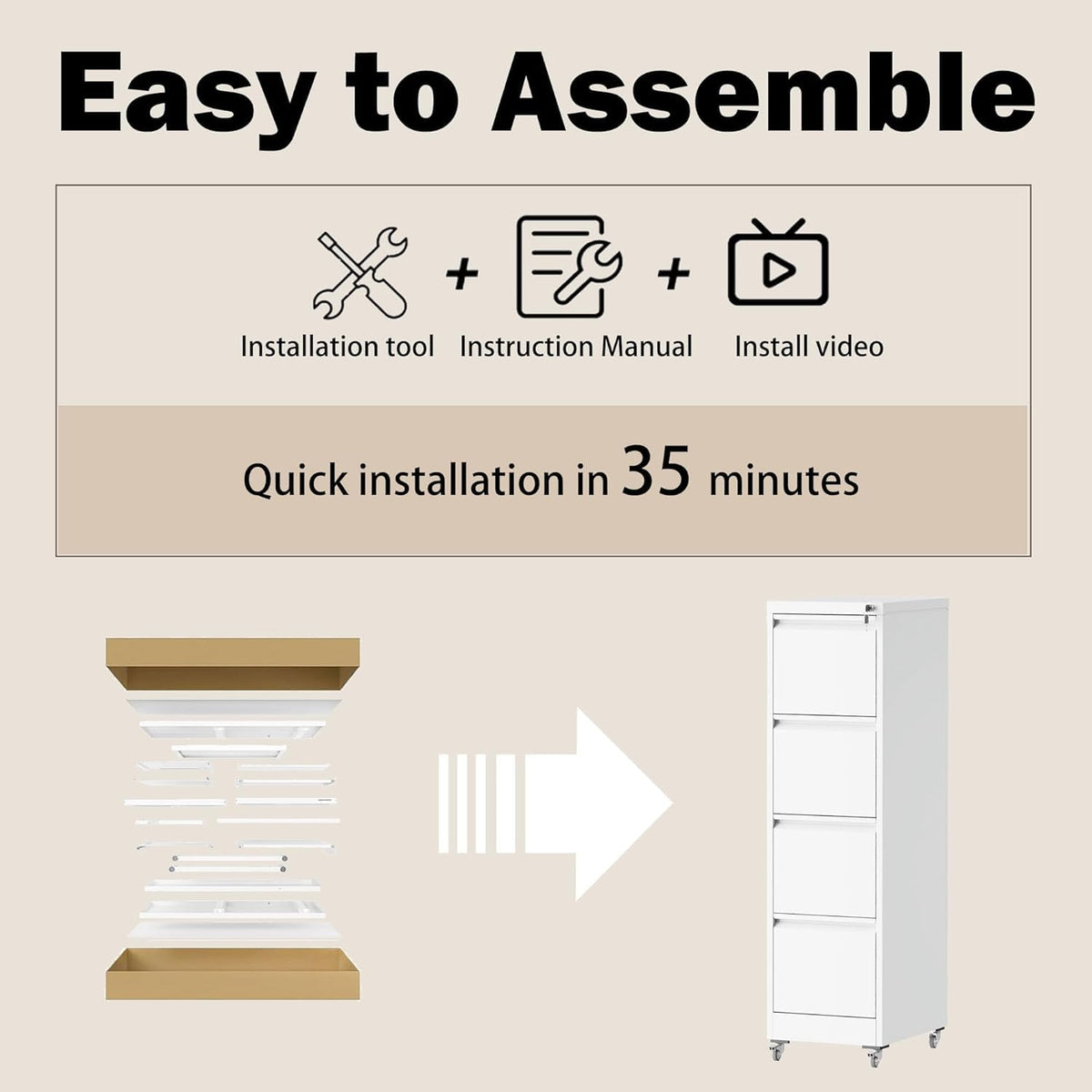 White 4 Drawer Metal File Cabinet with Wheels V144