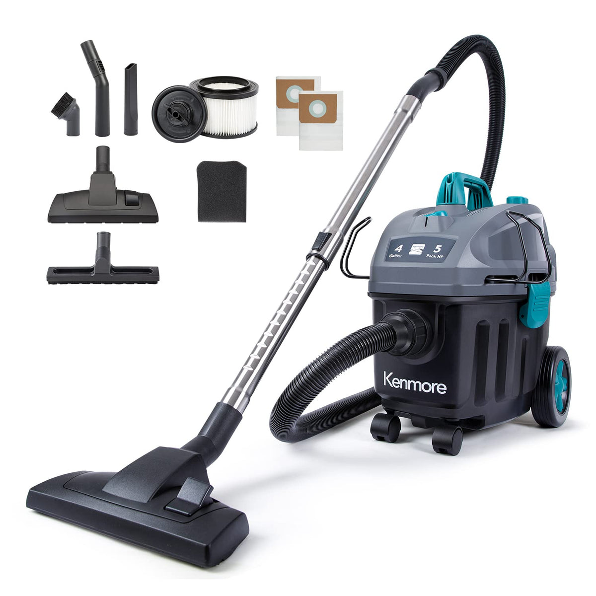 Wet Dry Canister Vacuum Cleaner 4 Gallon 5 Peak HP with Washable HEPA Filter H2379