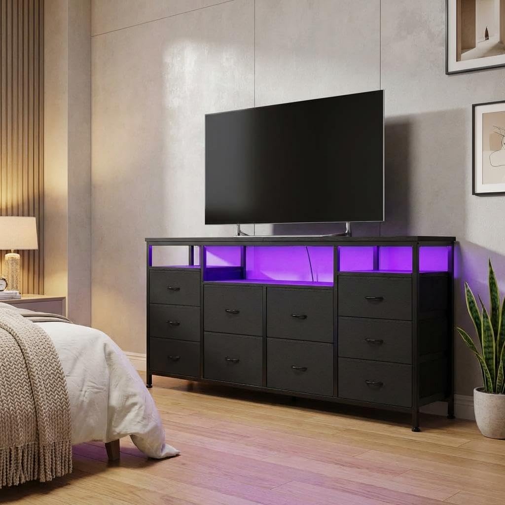 Black 10 Fabric Drawer Dresser with LED Lights & Power Outlets Q596