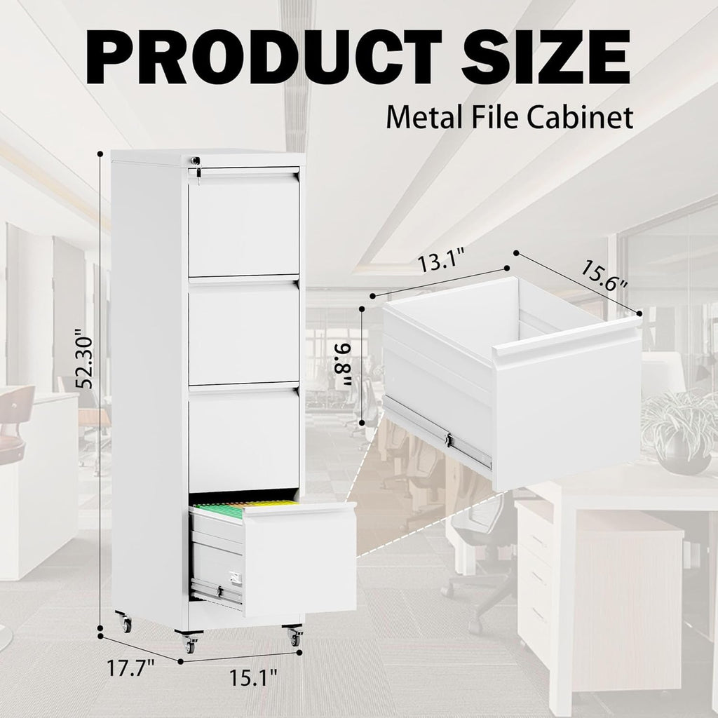 White 4 Drawer Metal File Cabinet with Wheels V144