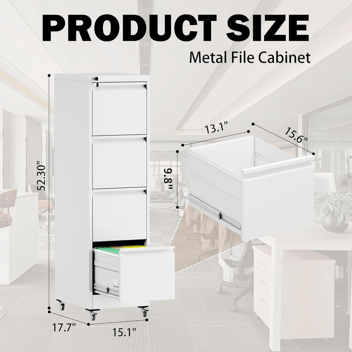 White 4 Drawer Metal File Cabinet with Wheels V144