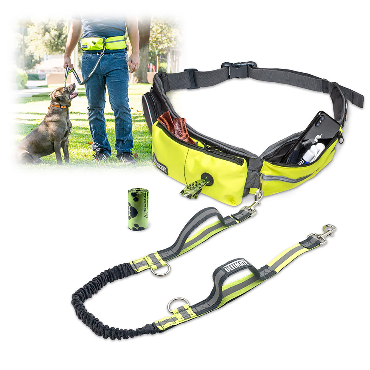 Hands Free Dog Leash with Reflective Bungee, Treat Holder, Poop Bag Dispenser J7918