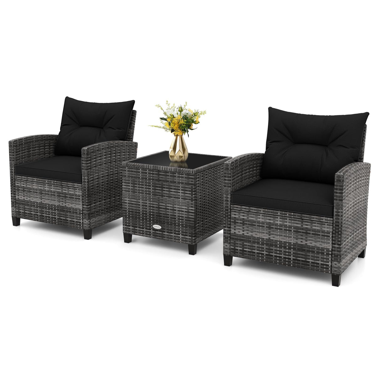 3 Piece Wicker Patio Furniture Set with Glass Topped Table E731