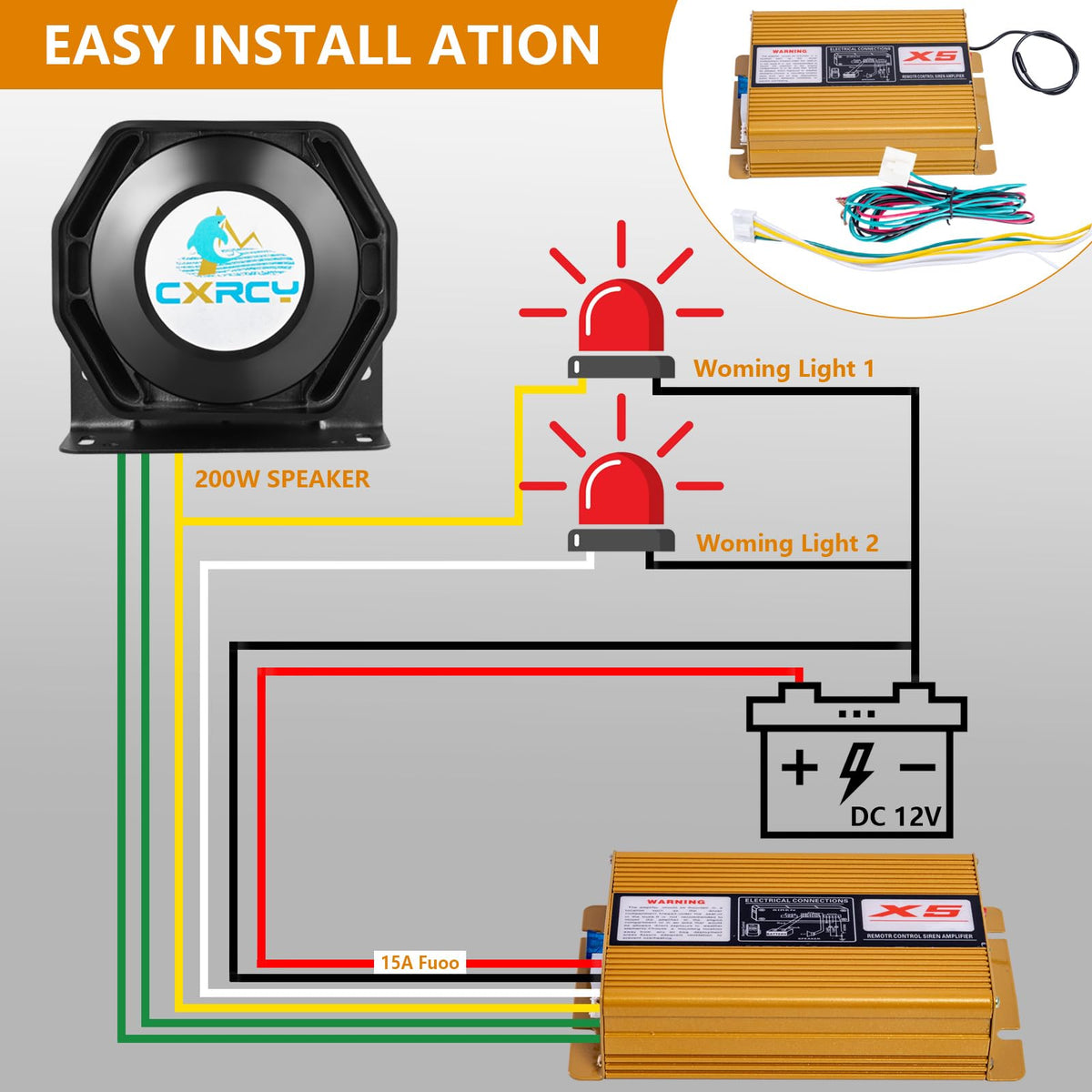 12V 200W Police Siren PA System with Wireless Mic S50776