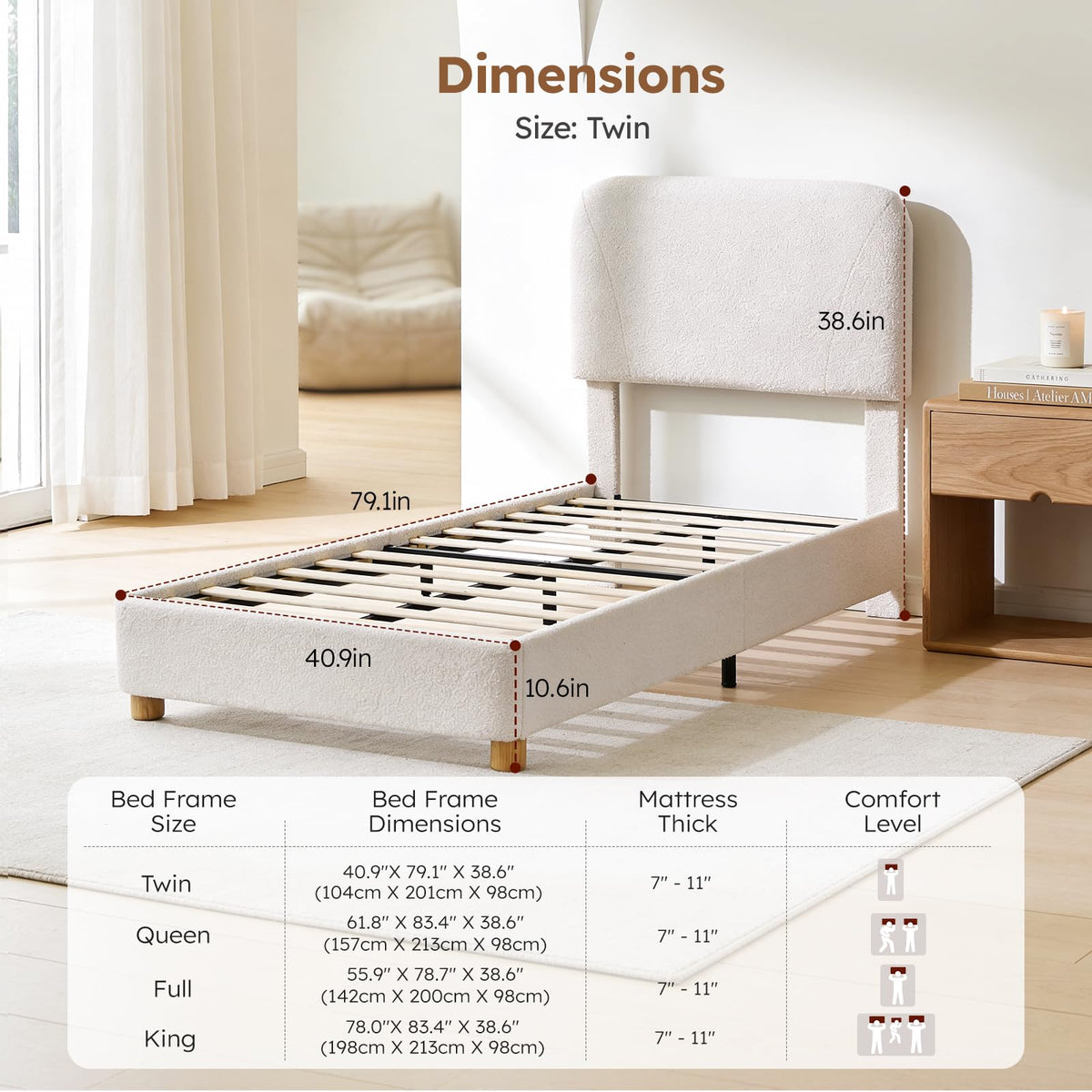 Twin Size Cream Boucle Platform Bed J707414