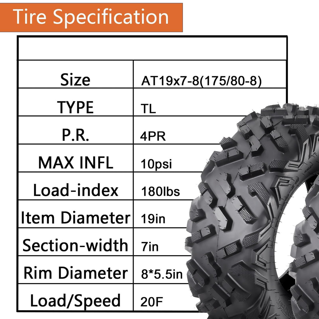 2 Pack 19x7-8 Tubeless All Terrain ATV Tires E1788