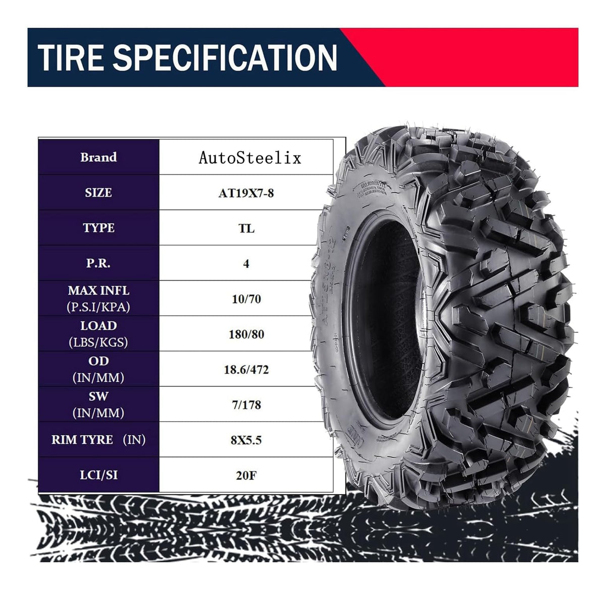 2 Pack 19x7-8 Tubeless All Terrain ATV Tires E1788