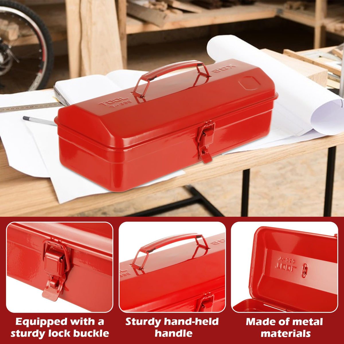 14 Inch Red Metal Tool Box with Latch and Handle Y223