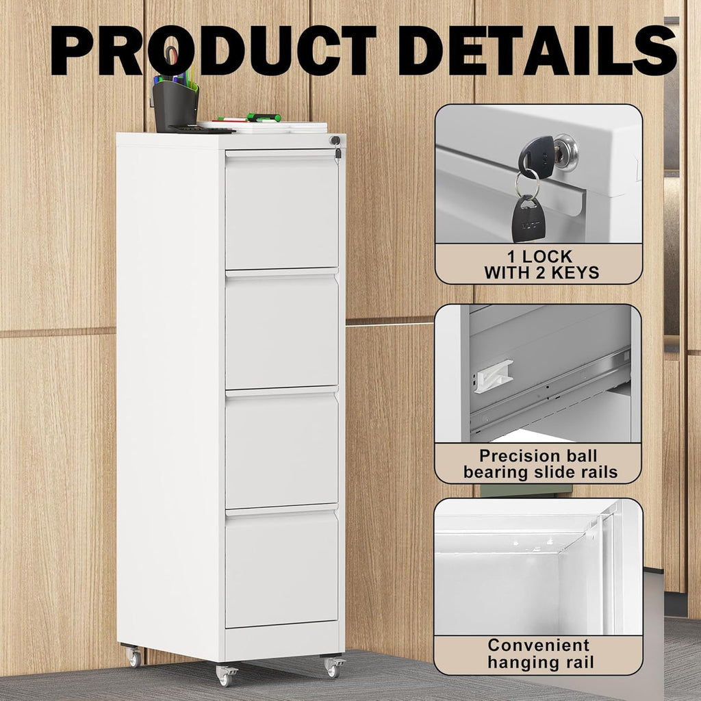 White 4 Drawer Metal File Cabinet with Wheels V144