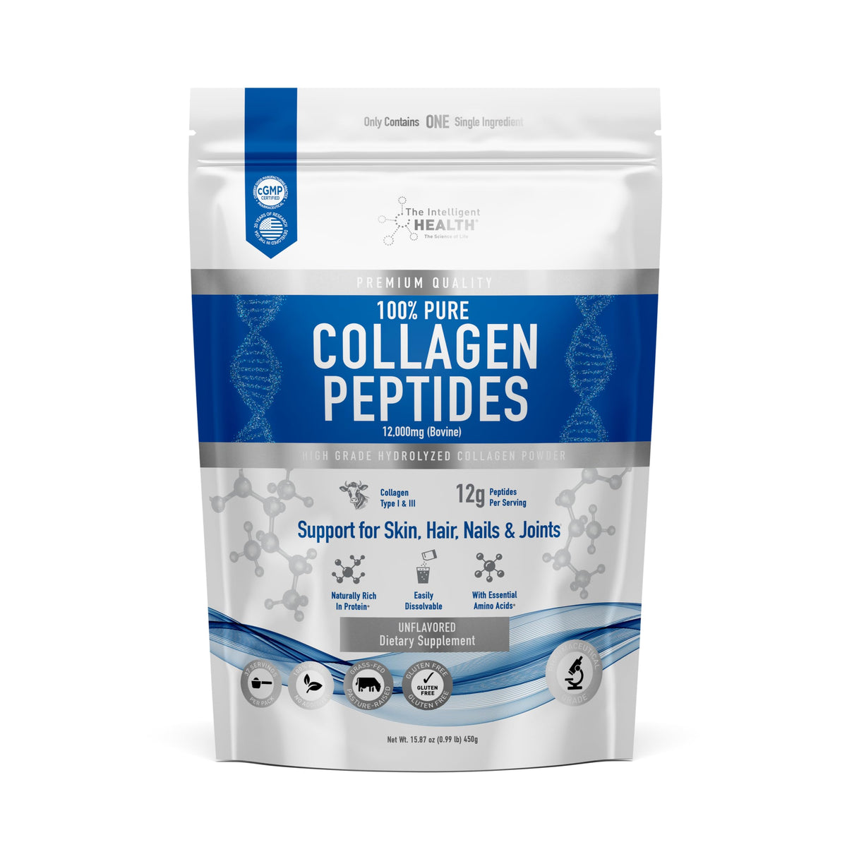 Collagen Peptides Powder, Hydrolyzed Type I & III, 45 Servings A788269