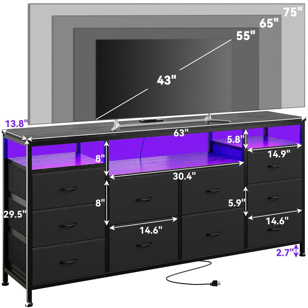 Black 10 Fabric Drawer Dresser with LED Lights & Power Outlets Q596