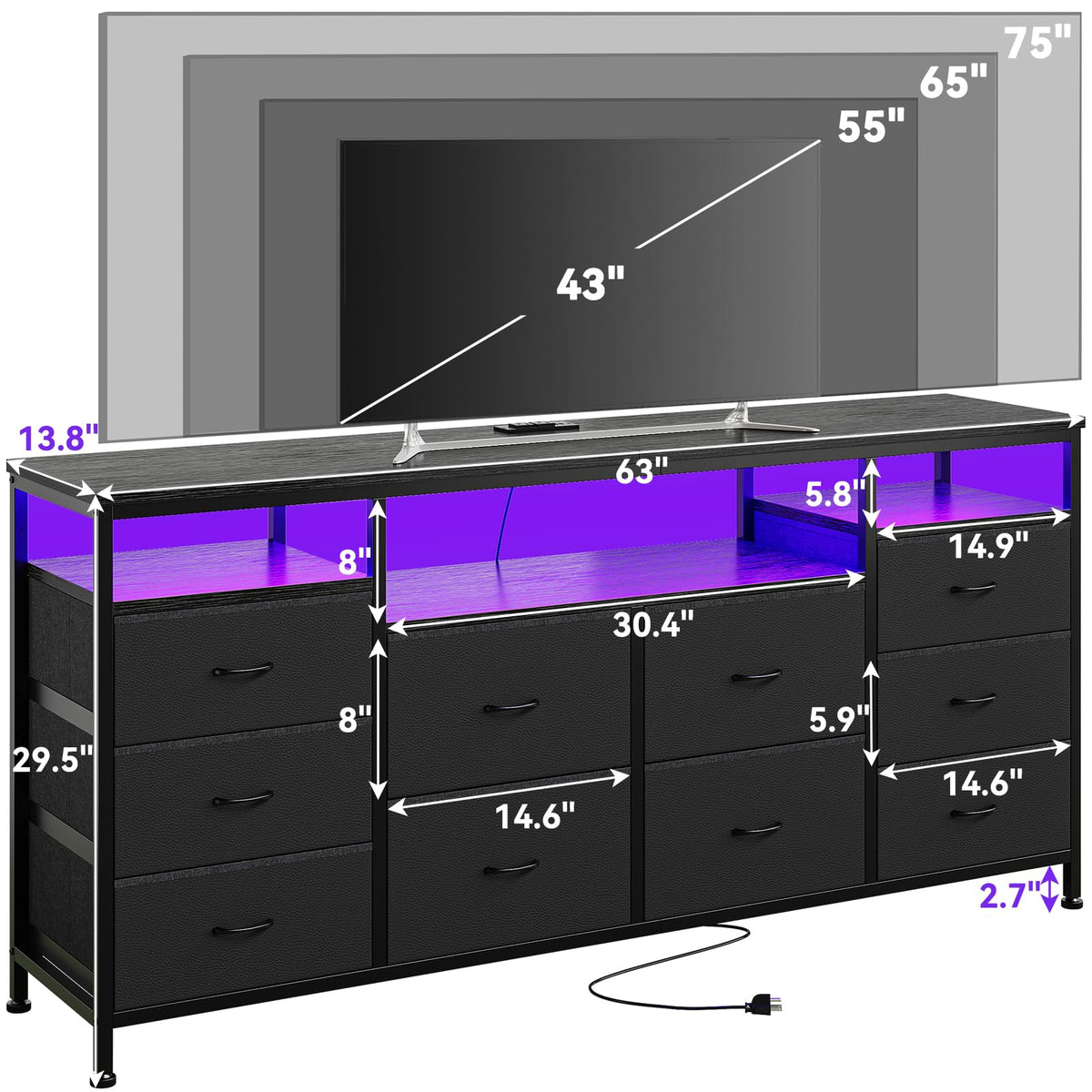Black 10 Fabric Drawer Dresser with LED Lights & Power Outlets Q596