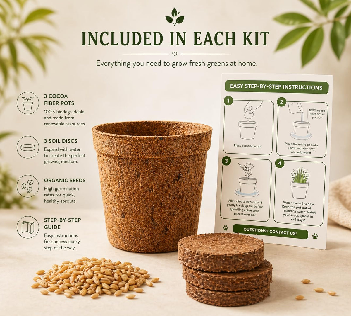 Organic Cat Grass Growing Kit 3 Pack with Soil Discs Coco Fiber Pots and Seeds H20107