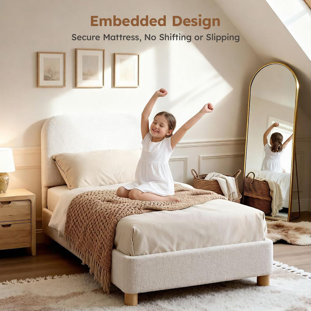 Twin Size Cream Boucle Platform Bed J707414