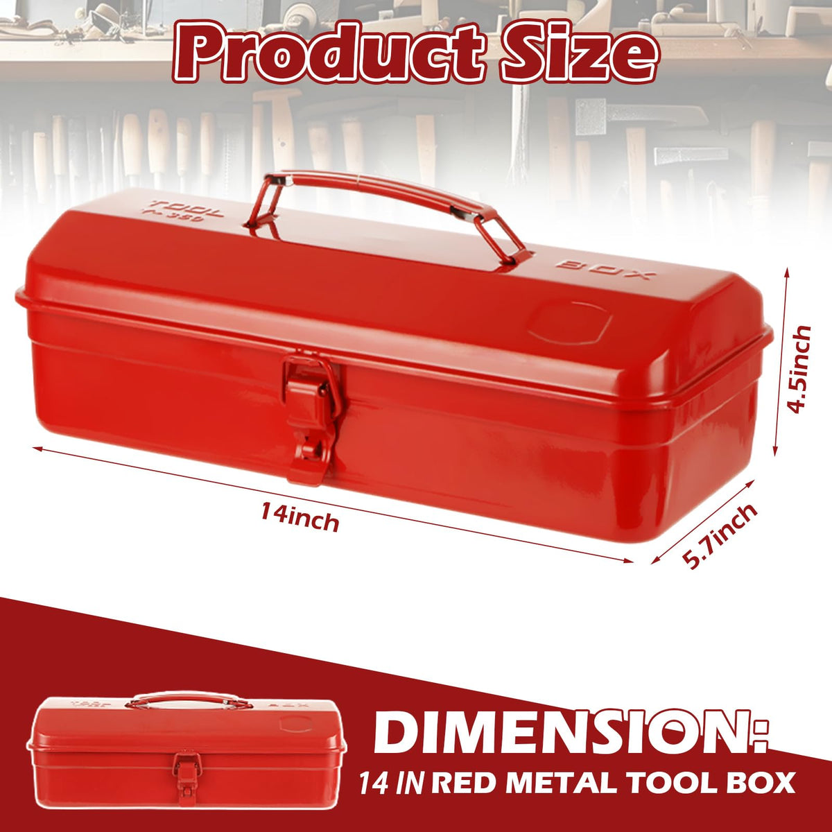 14 Inch Red Metal Tool Box with Latch and Handle Y223