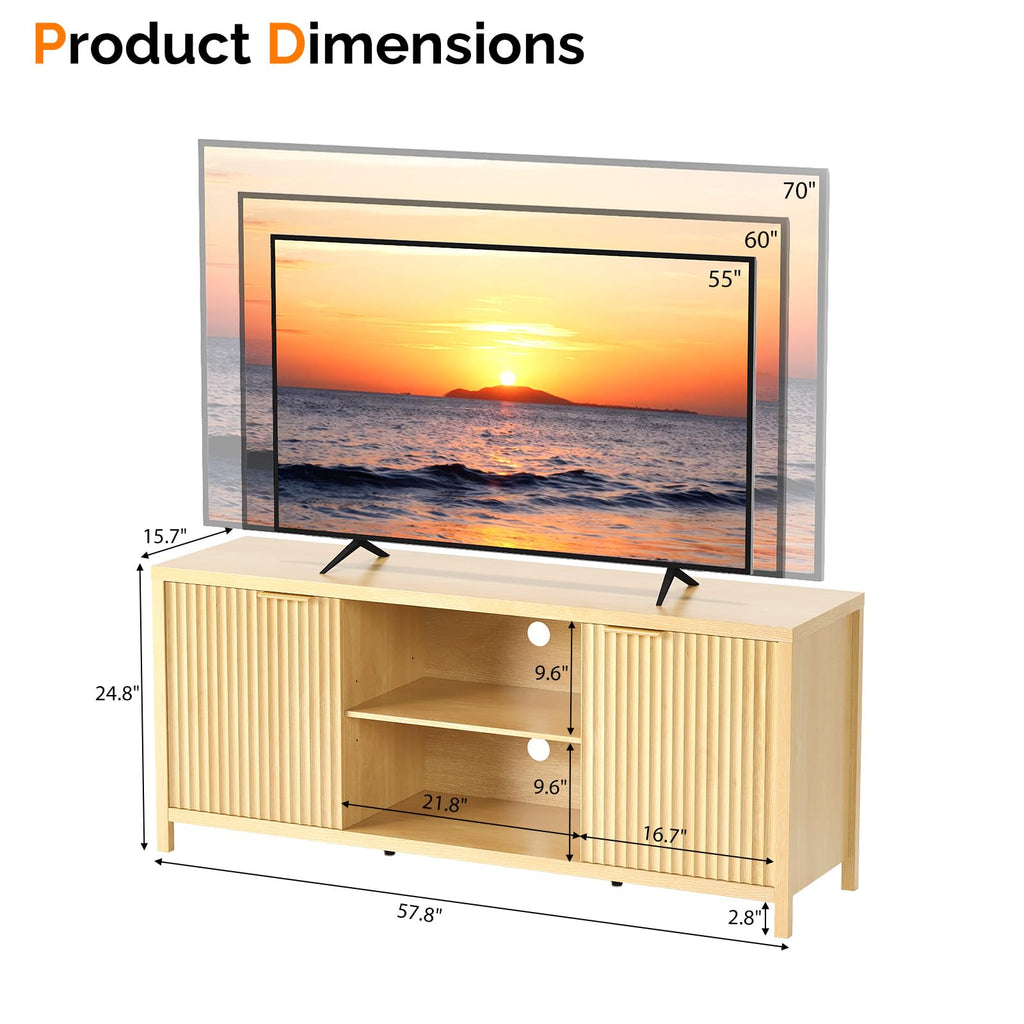 57.8" Oak TV Stand for 70 Inch TV with Adjustable Shelves and Cabinet Storage E437