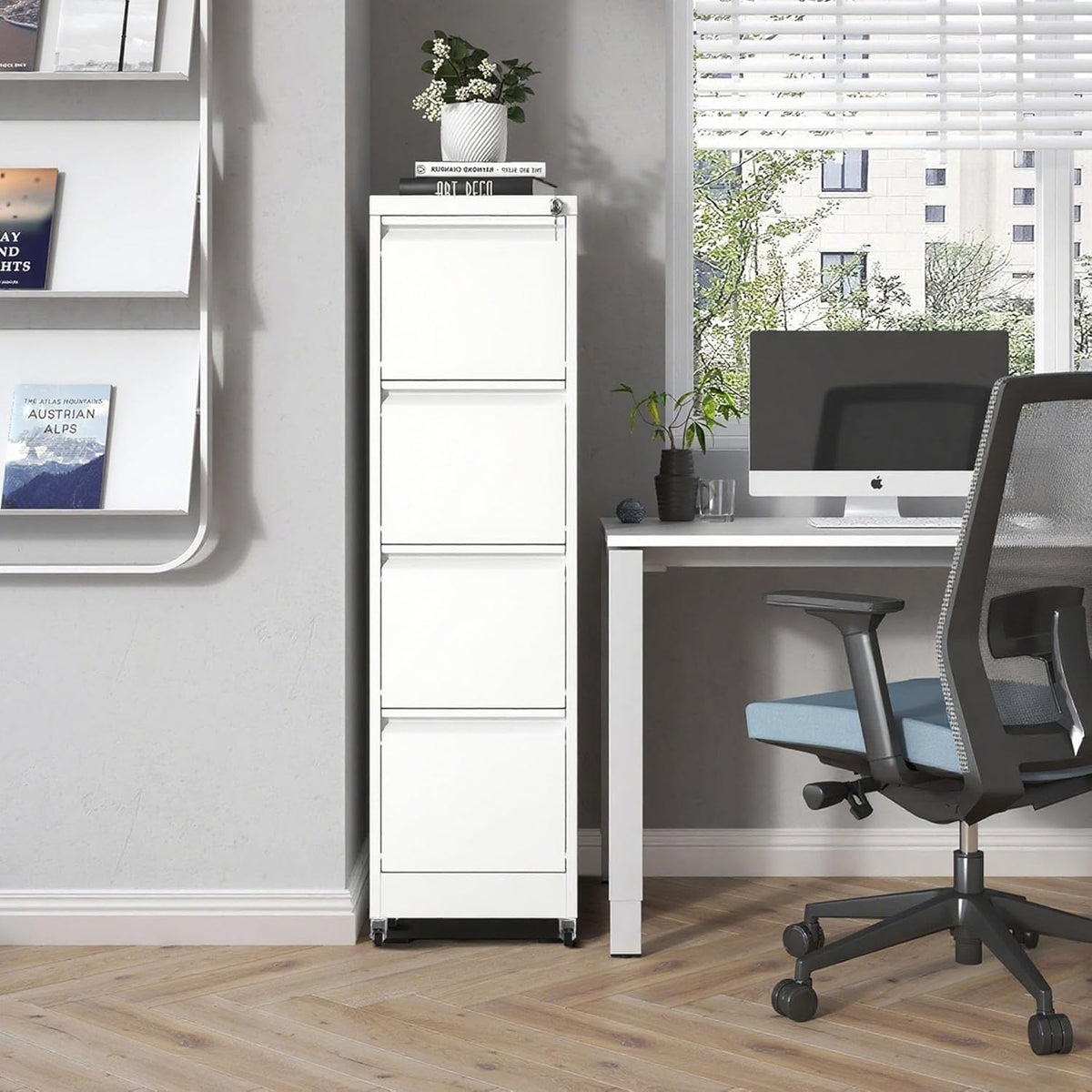 White 4 Drawer Metal File Cabinet with Wheels V144