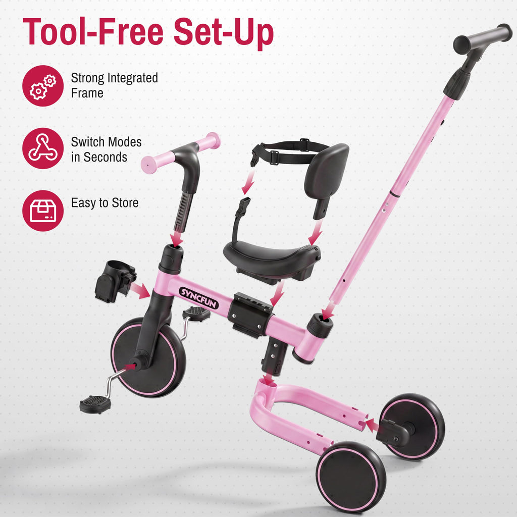 5-in-1 Kids Tricycle with Push Handle, Pink M71924