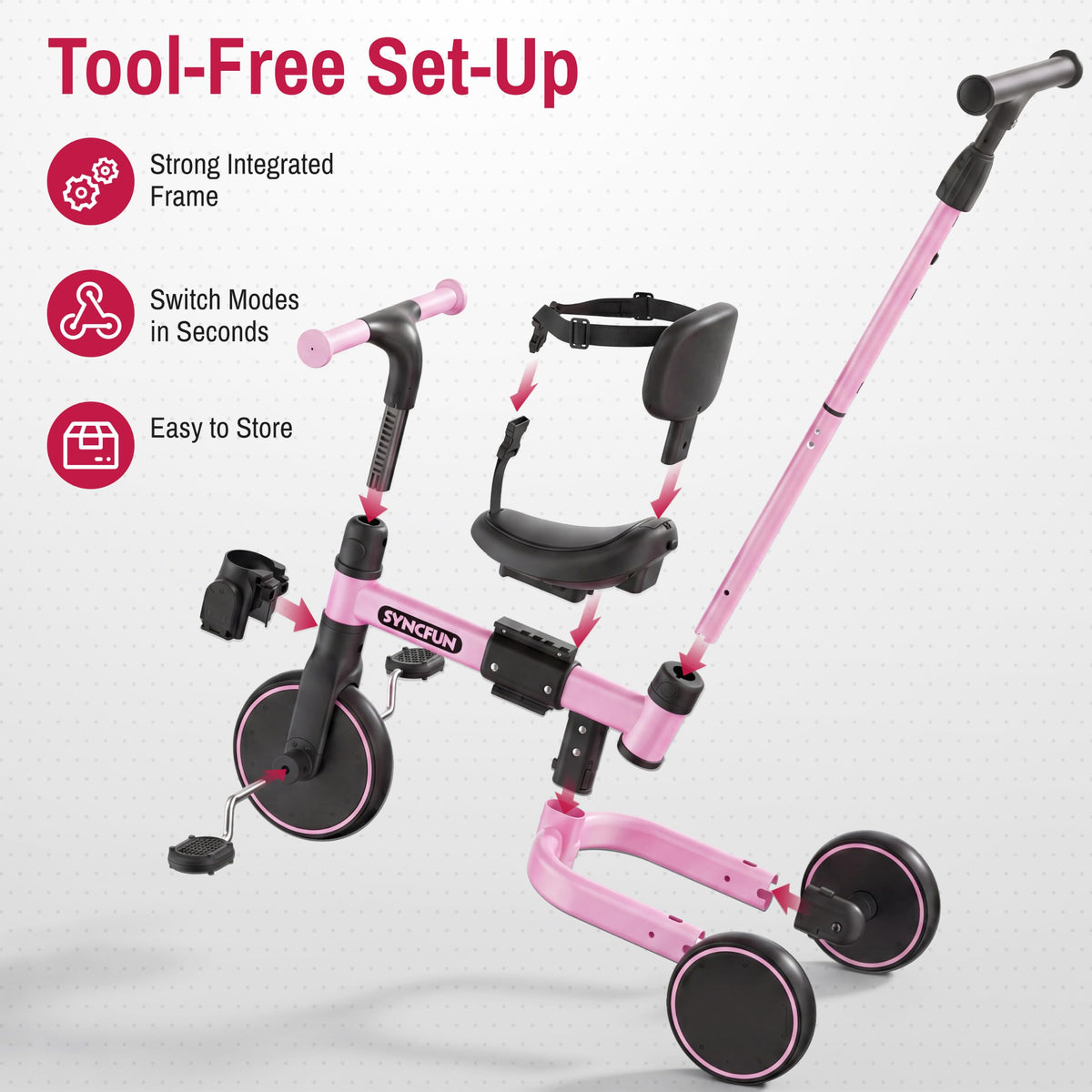 5-in-1 Kids Tricycle with Push Handle, Pink M71924