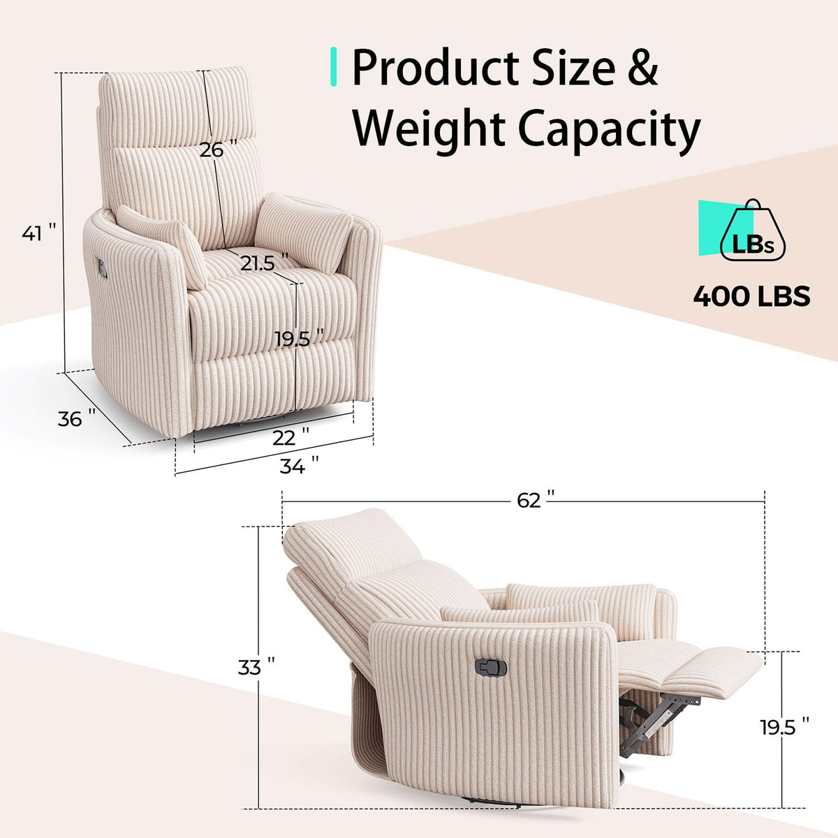 360 Swivel Recliner Chair with 2 Pillows Beige Corduroy N149
