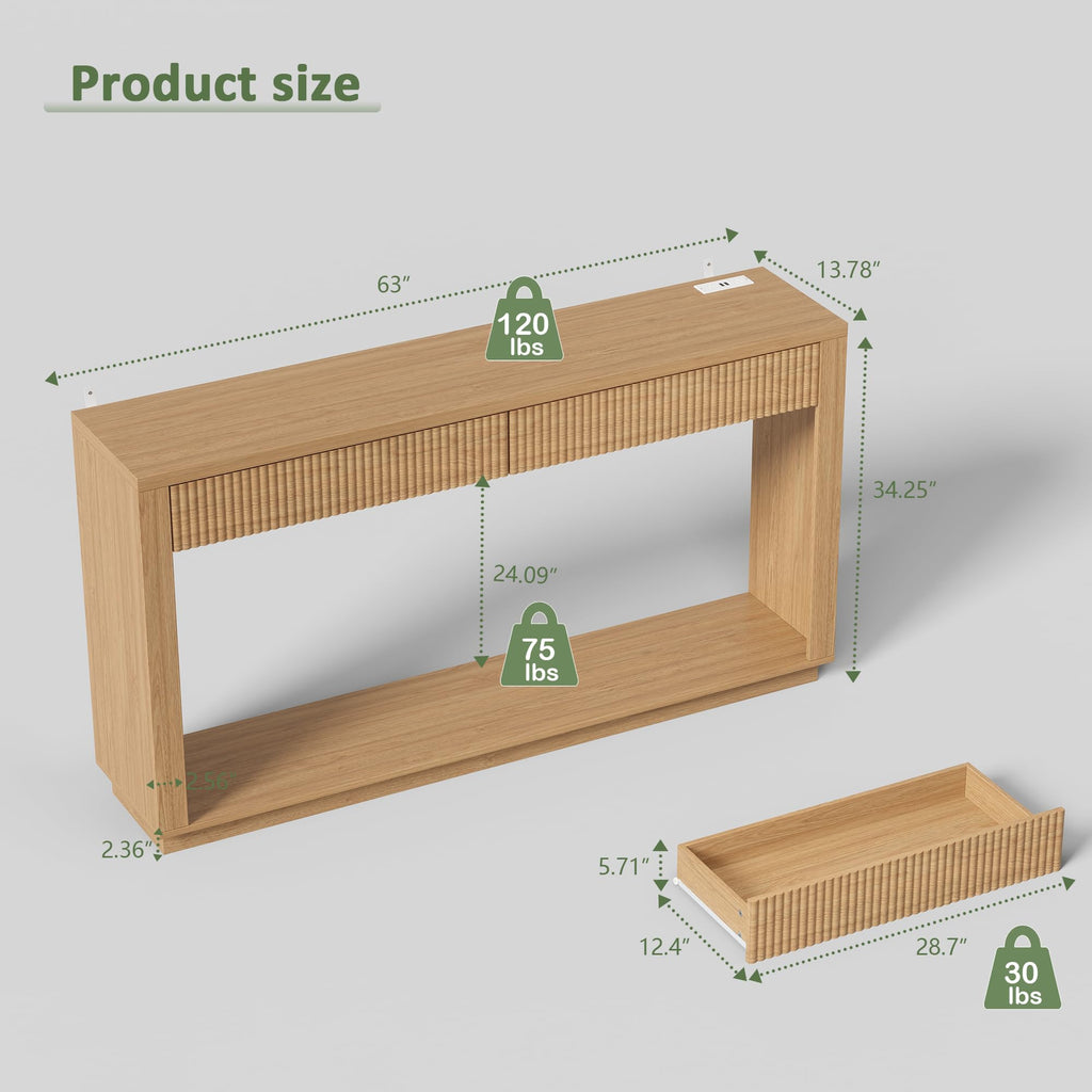 63 Inch Oak Console Table with 2 Drawers A193071
