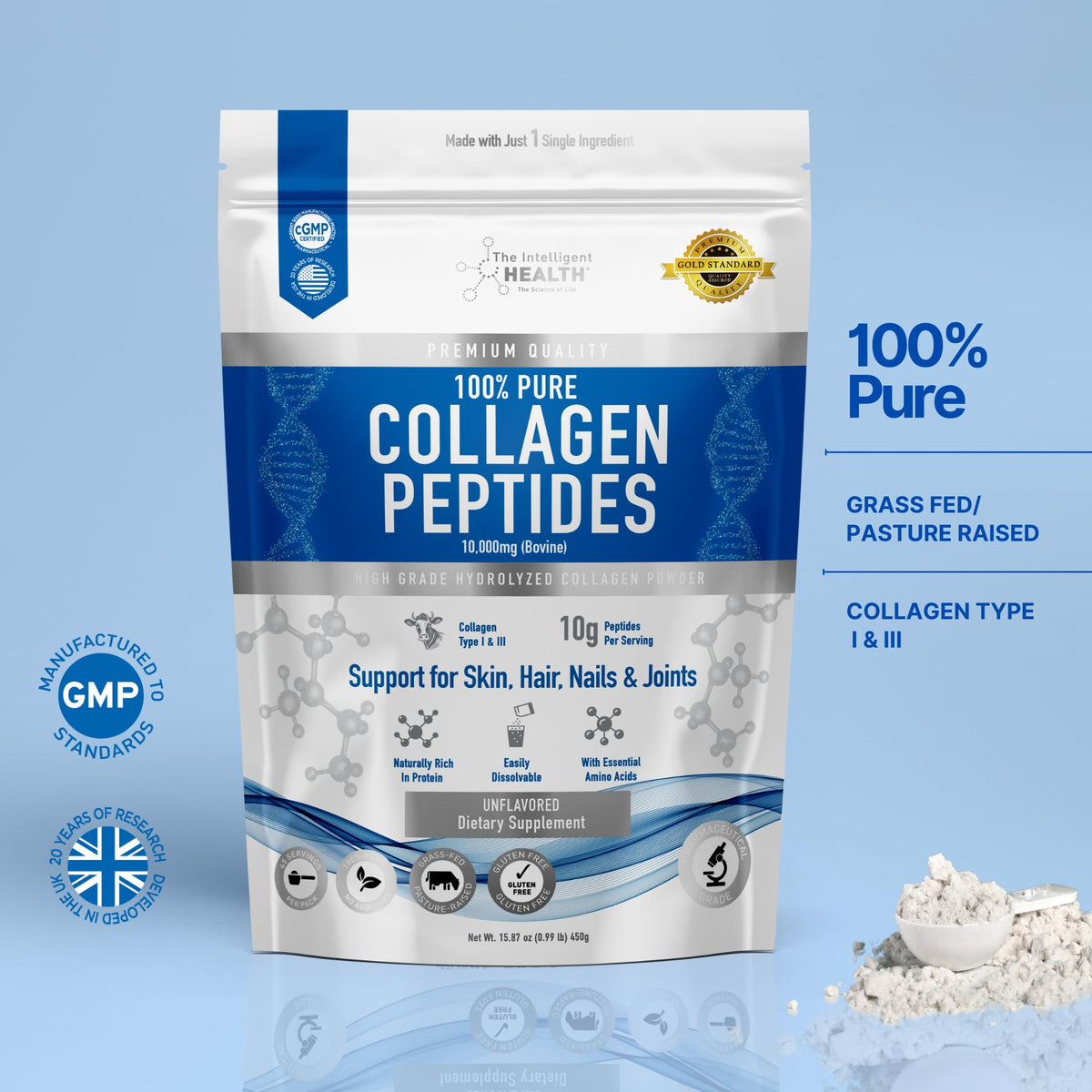 Collagen Peptides Powder, Hydrolyzed Type I & III, 45 Servings A788269