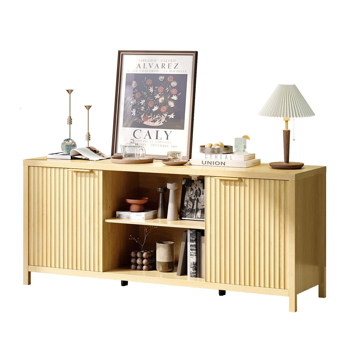 57.8" Oak TV Stand for 70 Inch TV with Adjustable Shelves and Cabinet Storage E437