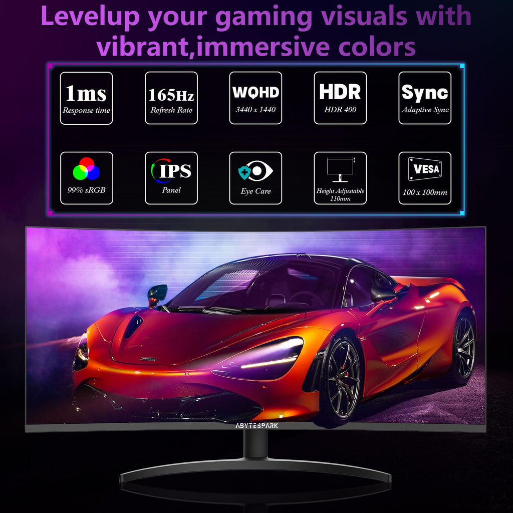 34 Inch Curved Ultra Wide WQHD Gaming Monitor 165Hz 1ms HDR400 H3021