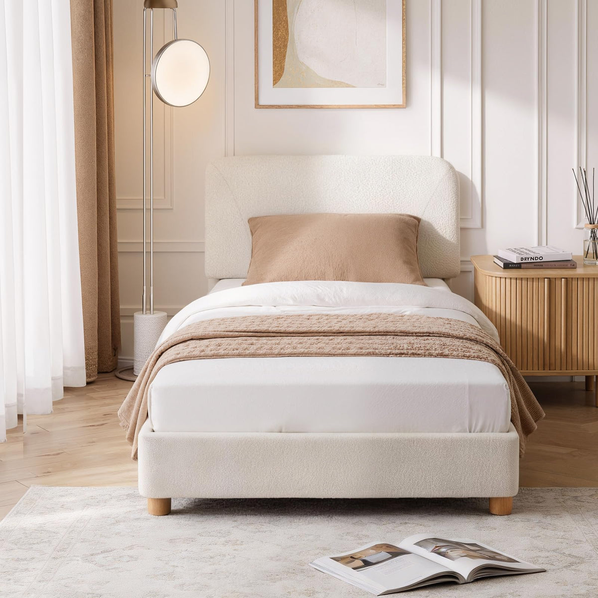 Twin Size Cream Boucle Platform Bed J707414