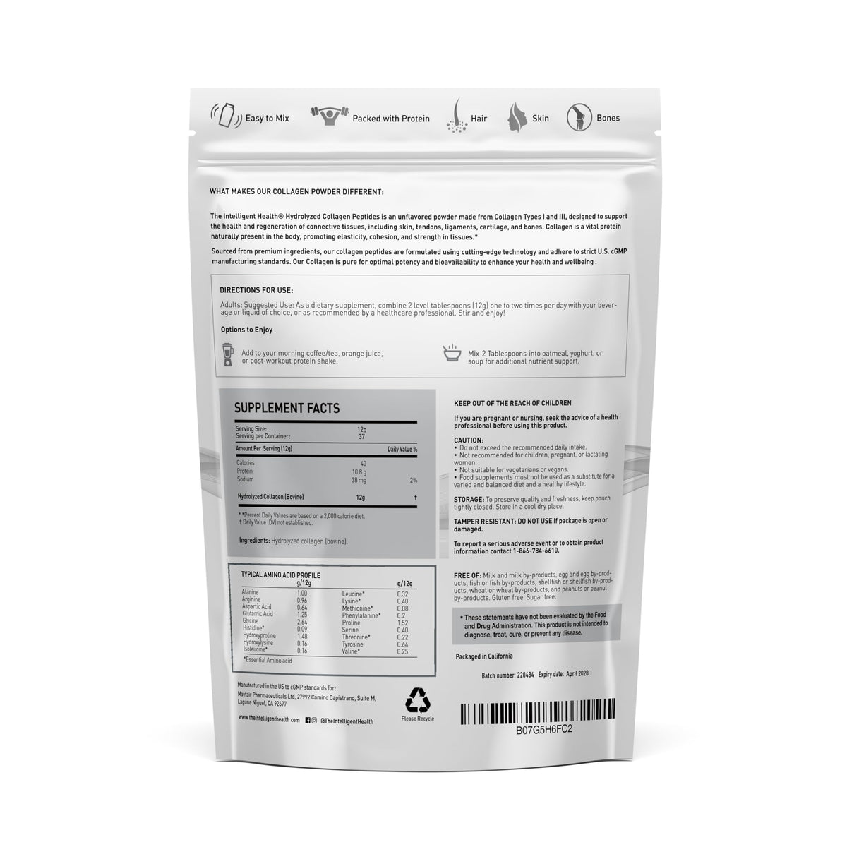 Collagen Peptides Powder, Hydrolyzed Type I & III, 45 Servings A788269