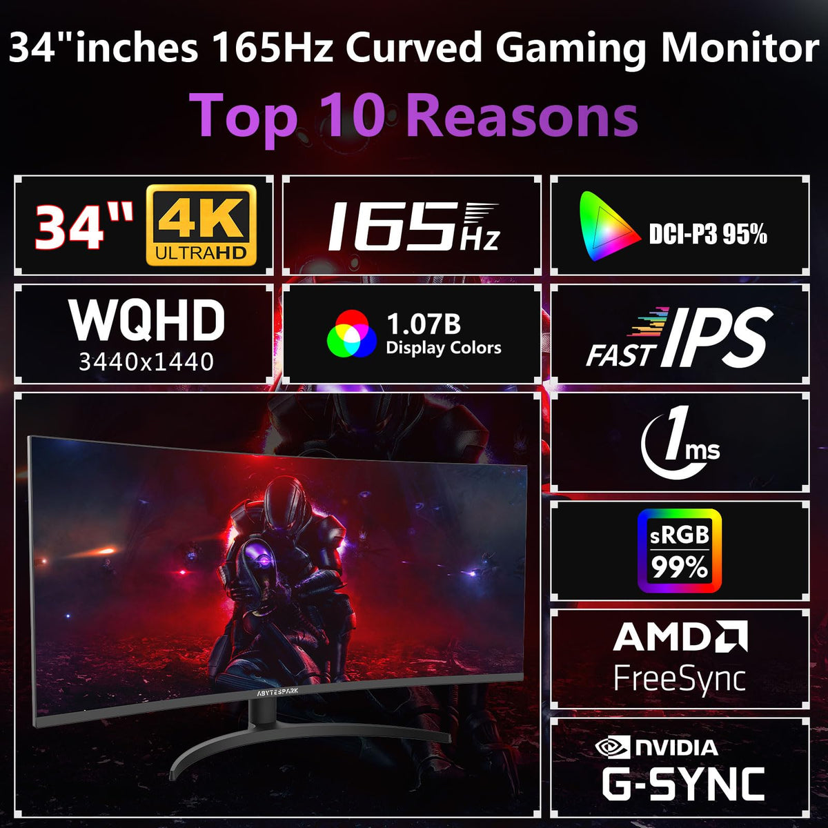34 Inch Curved Ultra Wide WQHD Gaming Monitor 165Hz 1ms HDR400 H3021
