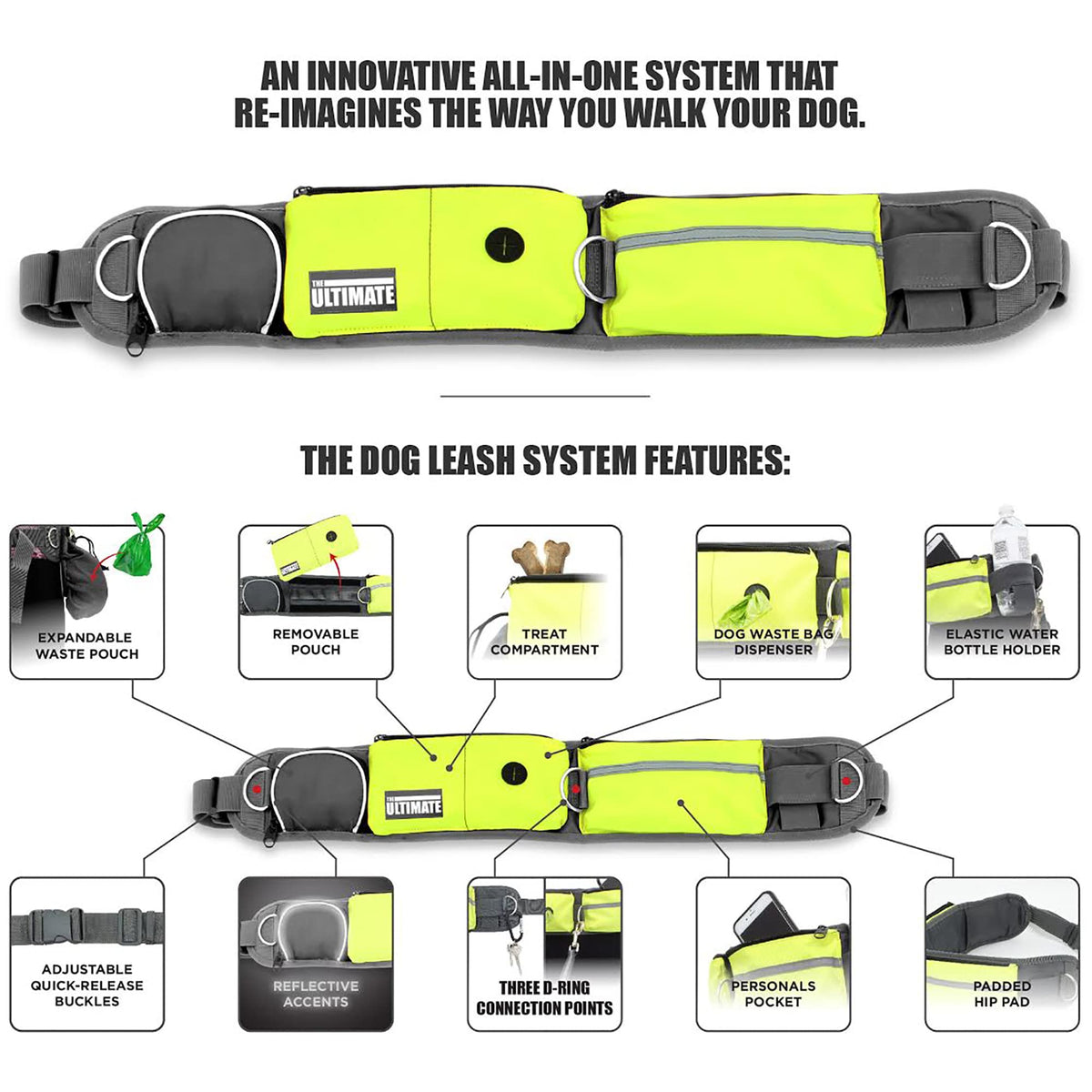 Hands Free Dog Leash with Reflective Bungee, Treat Holder, Poop Bag Dispenser J7918