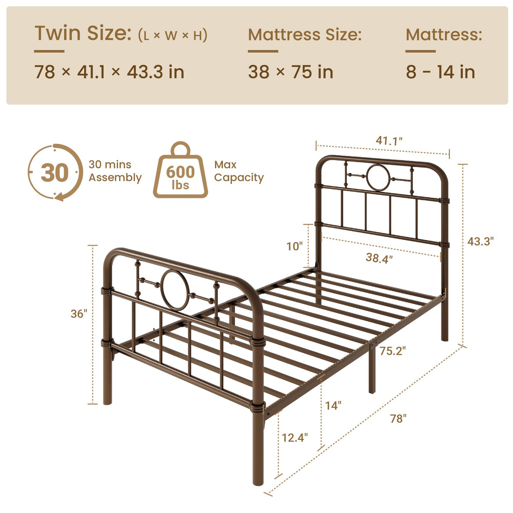 Twin Metal Platform Bed Frame with Vintage Headboard E8999