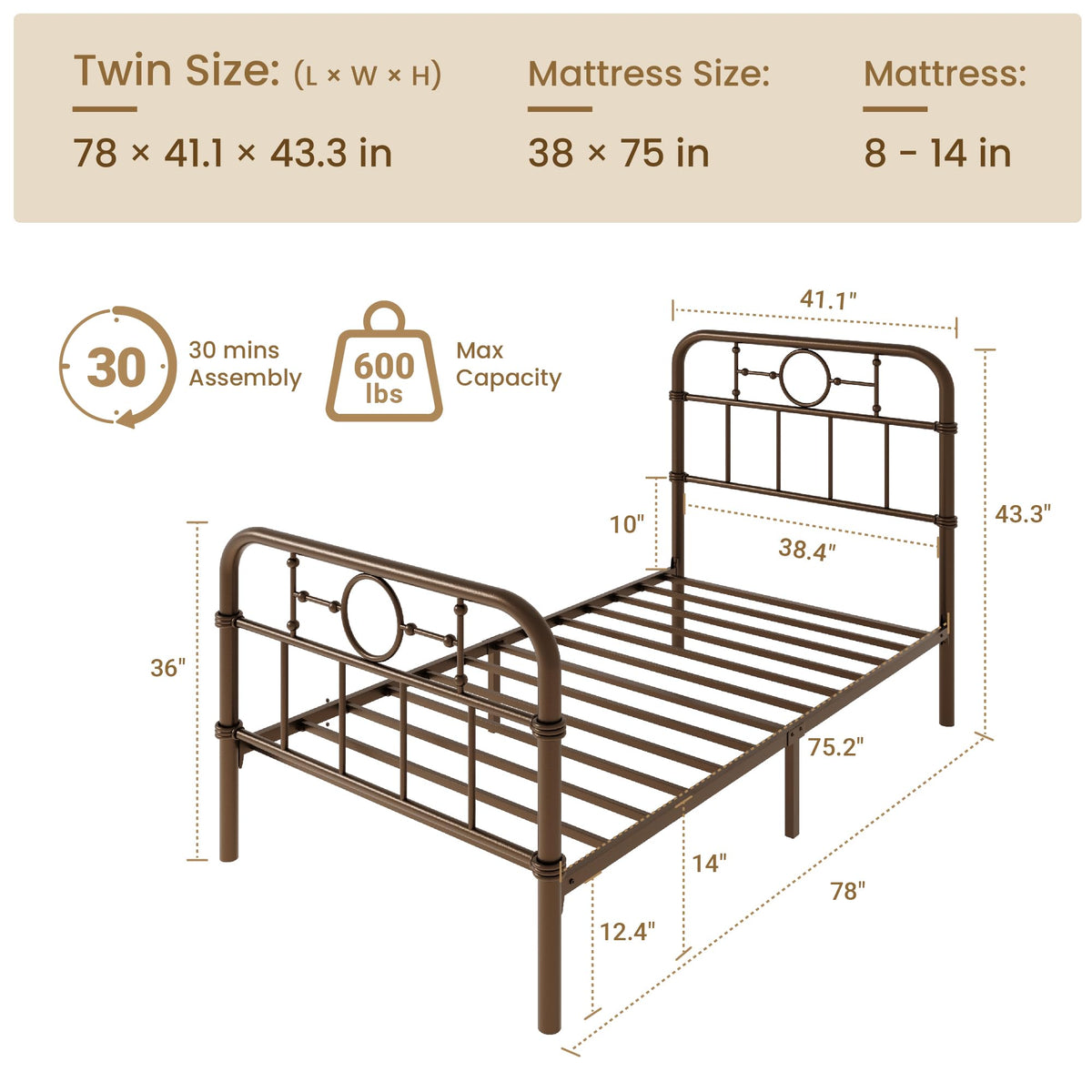 Twin Metal Platform Bed Frame with Vintage Headboard E8999
