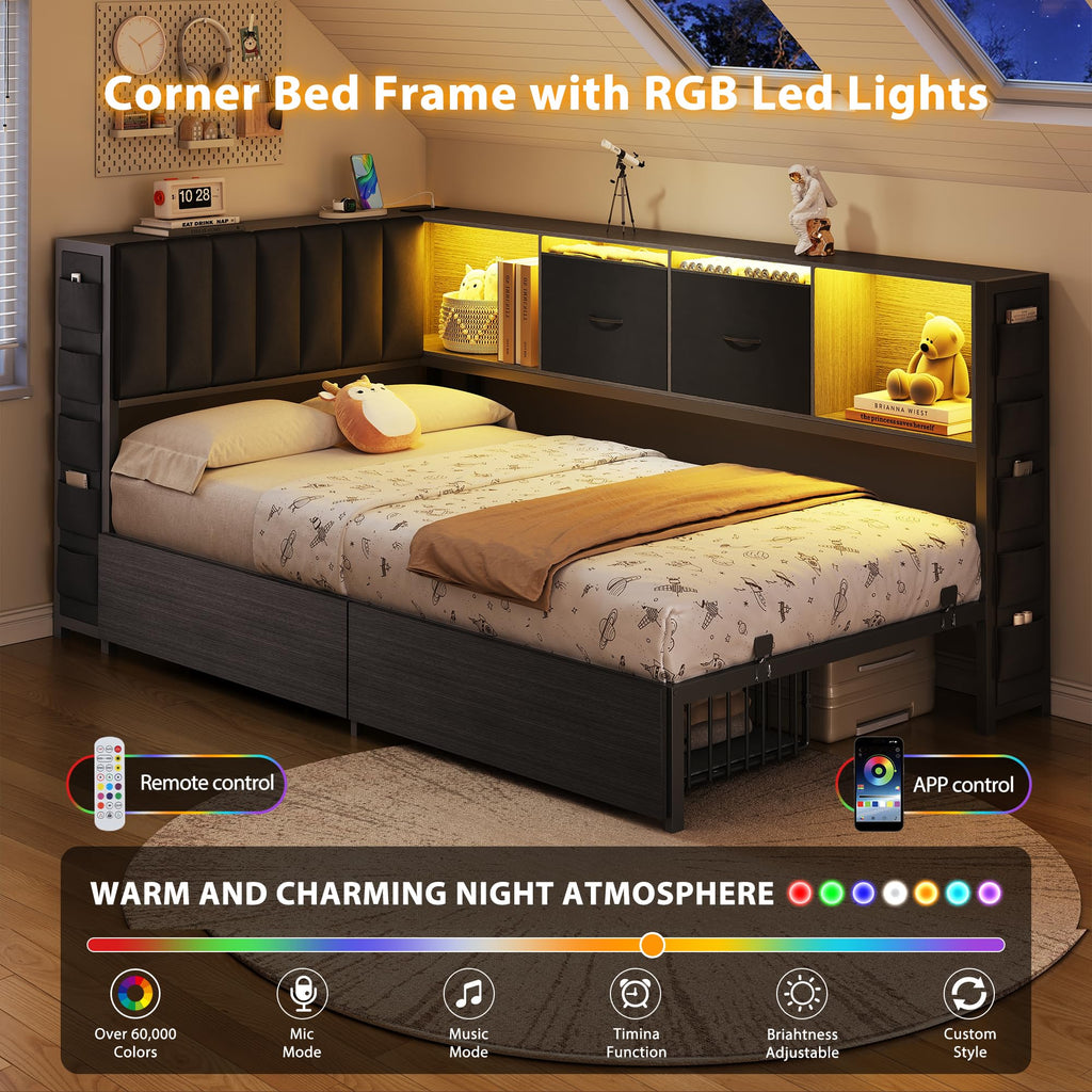 Twin Corner Bed Frame with Upholstered Storage Headboard and Drawers, LED Light and Charging Station, Black I531