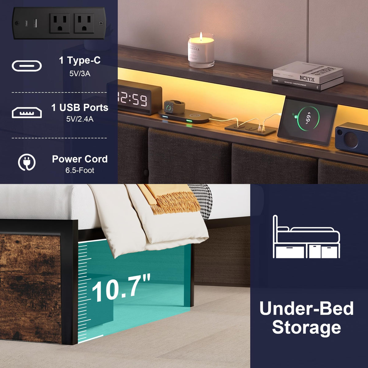 Full Bed Frame with Storage Drawers and LED Lights L357765