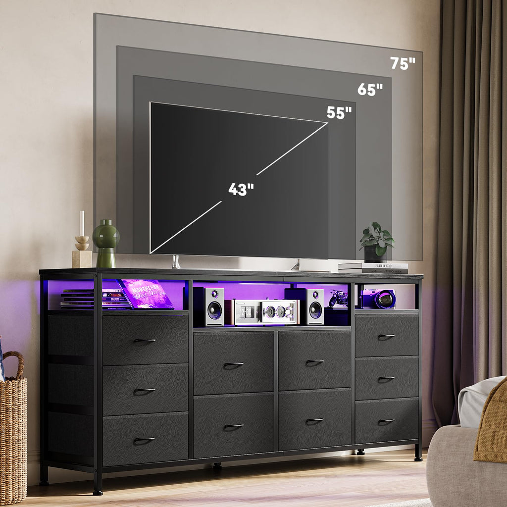 Black 10 Fabric Drawer Dresser with LED Lights & Power Outlets Q596