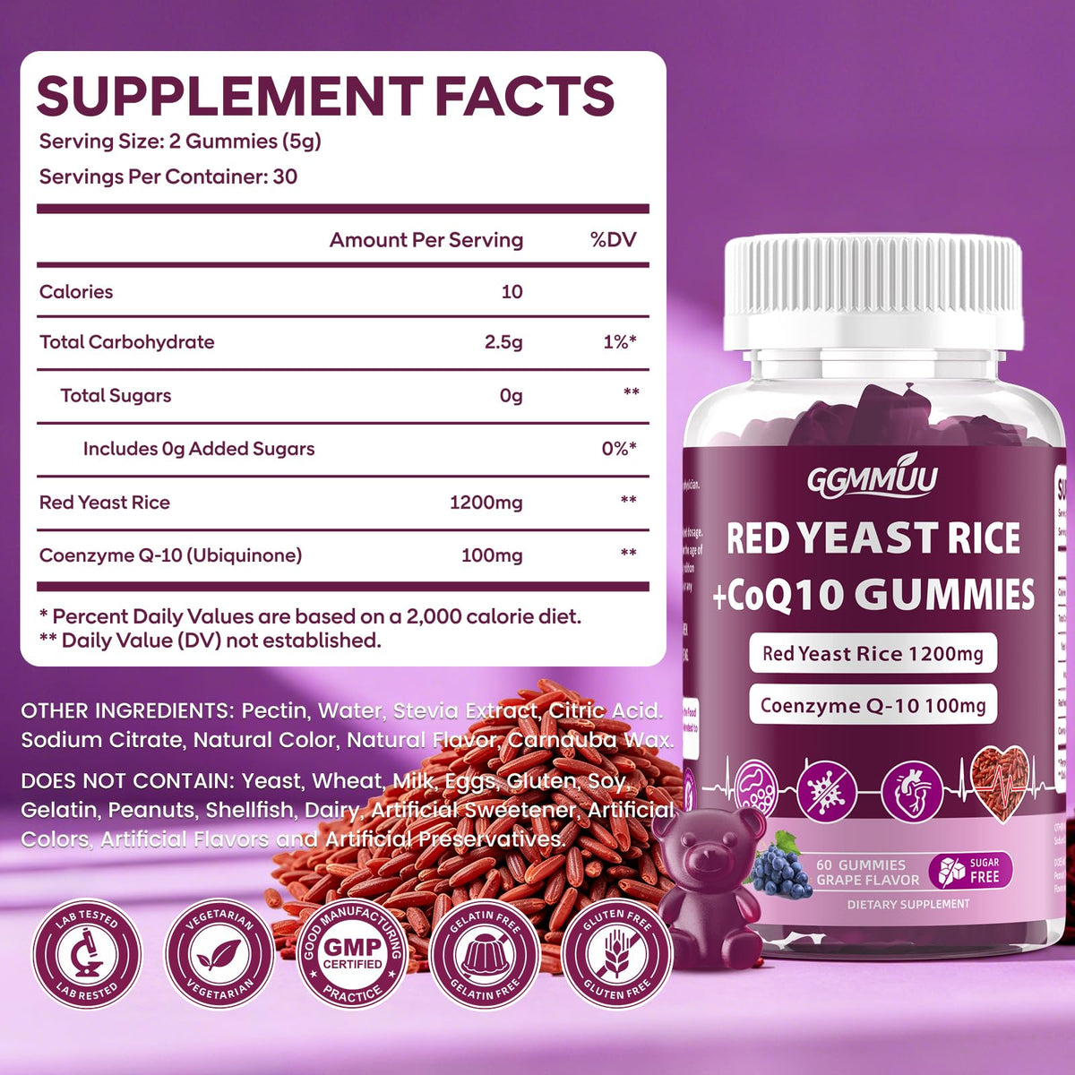 Red Yeast Rice with CoQ10 Gummies 1200mg Sugar Free 120 Count Z131