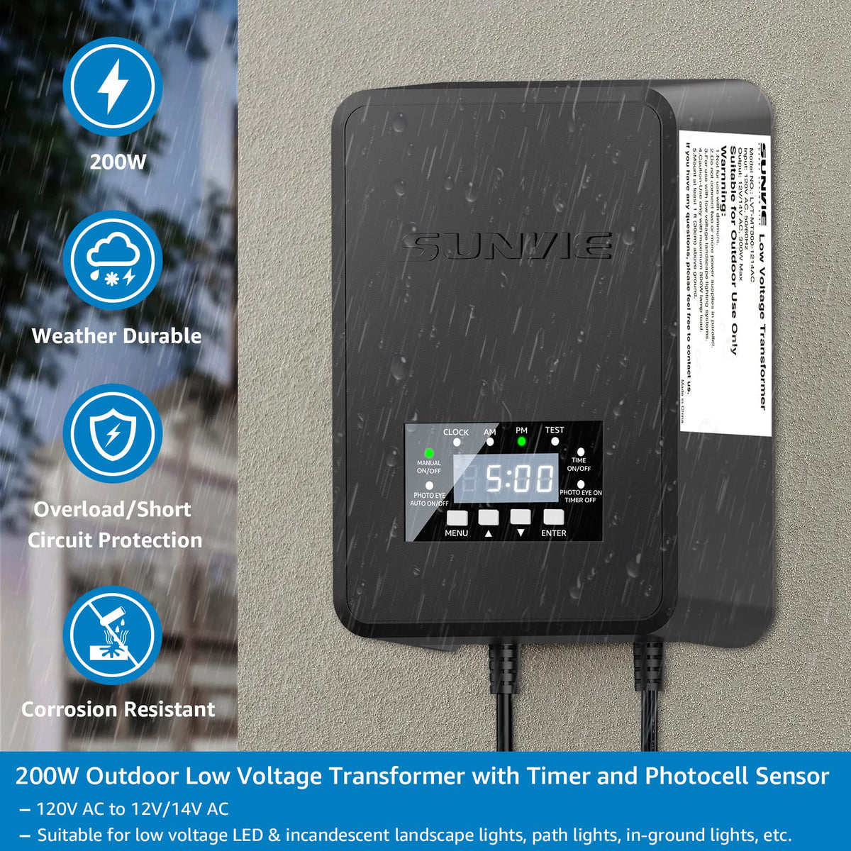 200W Landscape Lighting Transformer with Timer and Photocell Sensor N79690