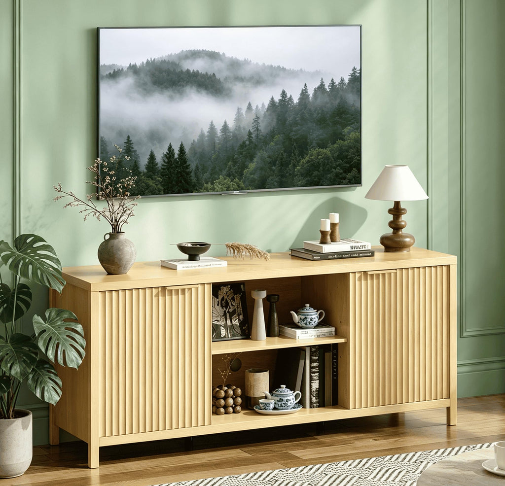 57.8" Oak TV Stand for 70 Inch TV with Adjustable Shelves and Cabinet Storage E437