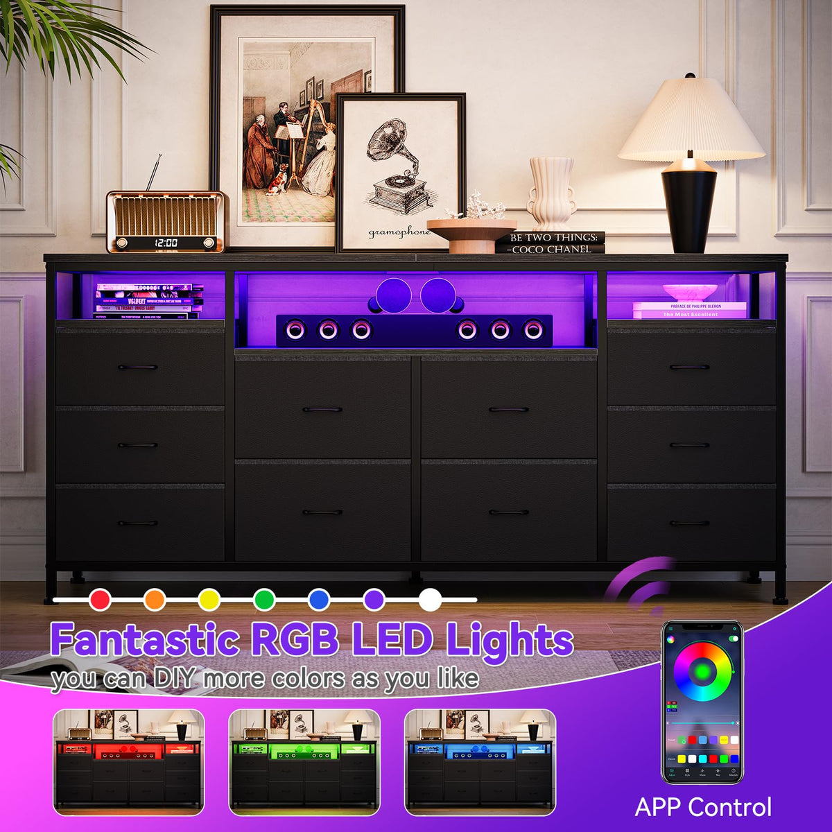 Black 10 Fabric Drawer Dresser with LED Lights & Power Outlets Q596