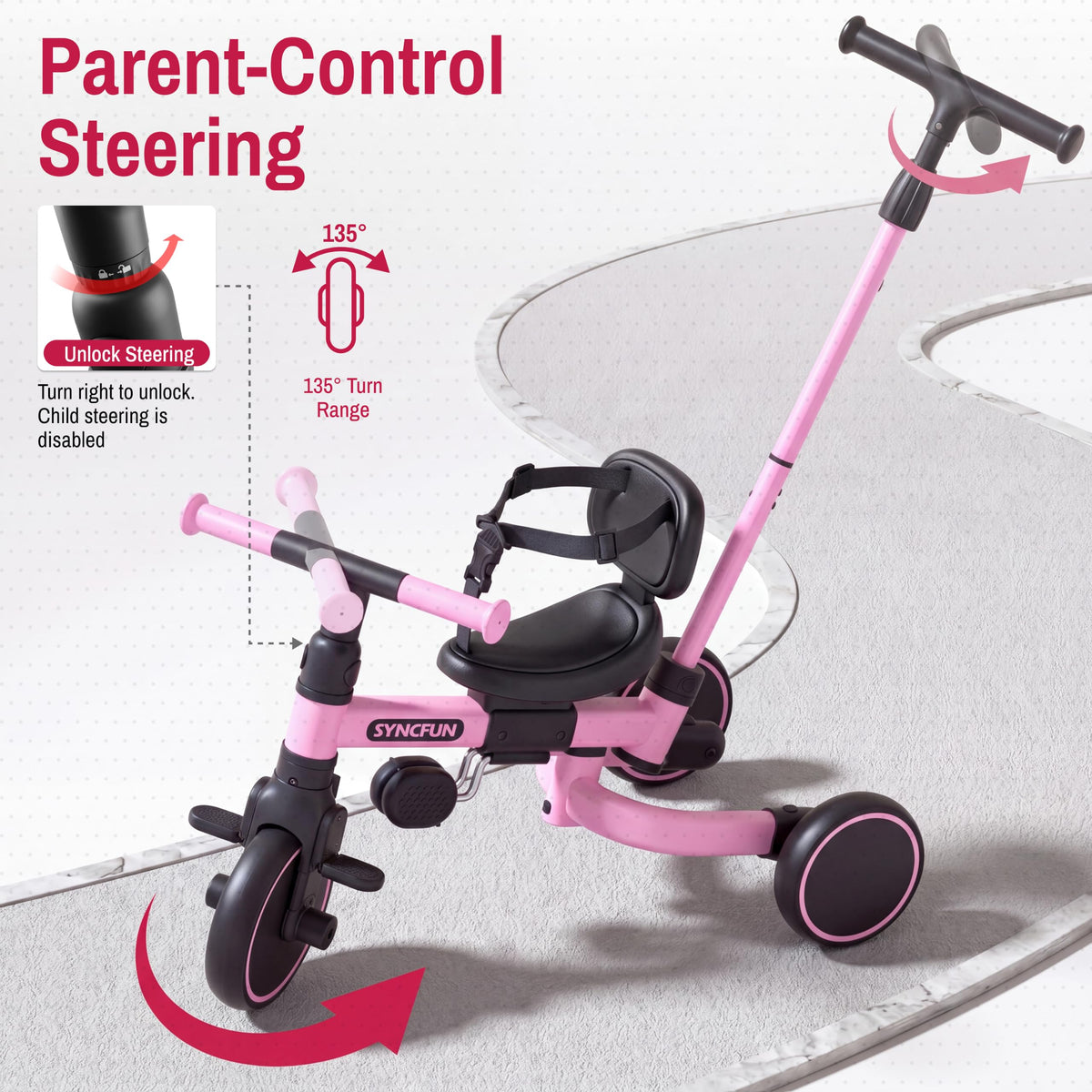 5-in-1 Kids Tricycle with Push Handle, Pink M71924