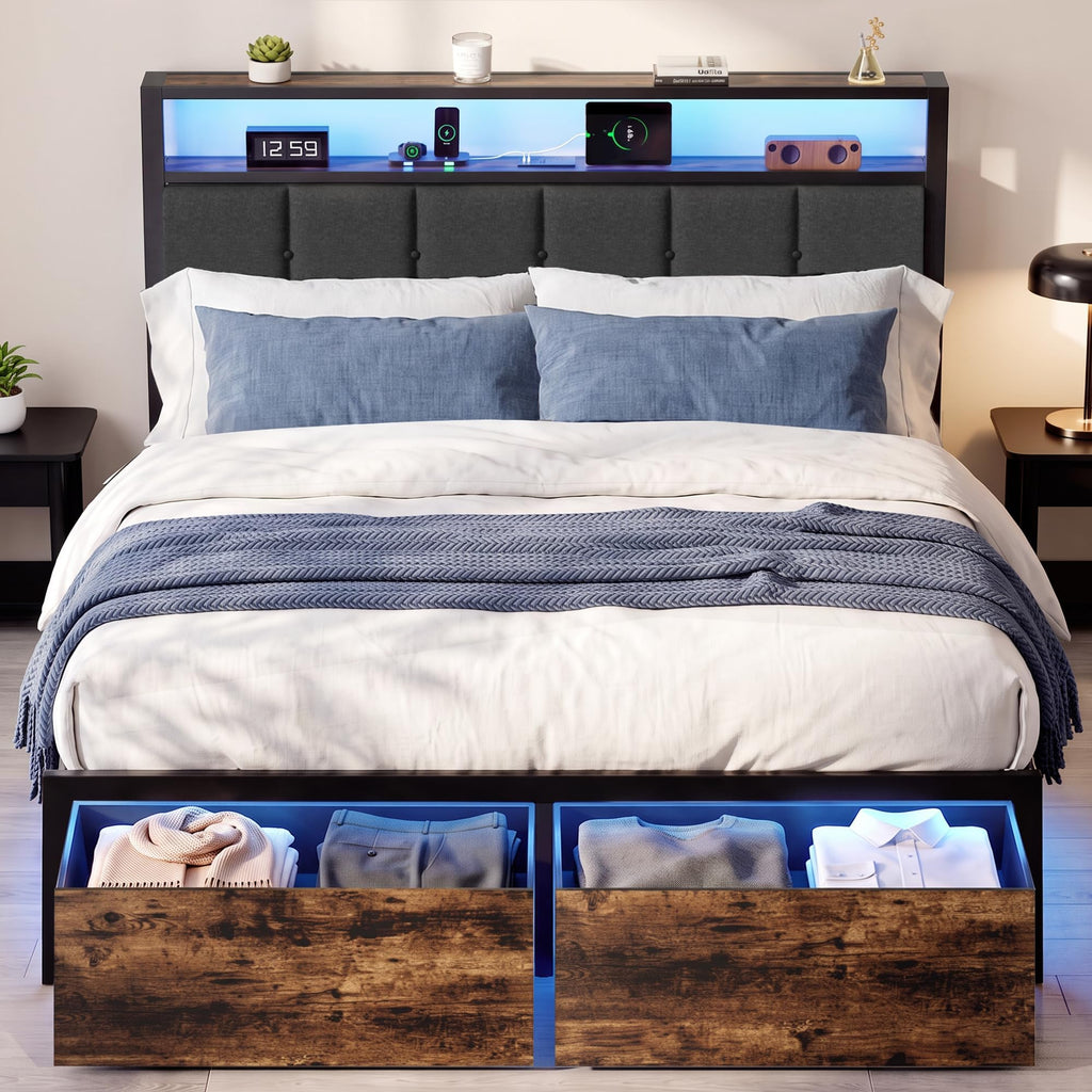 Full Bed Frame with Storage Drawers and LED Lights L357765