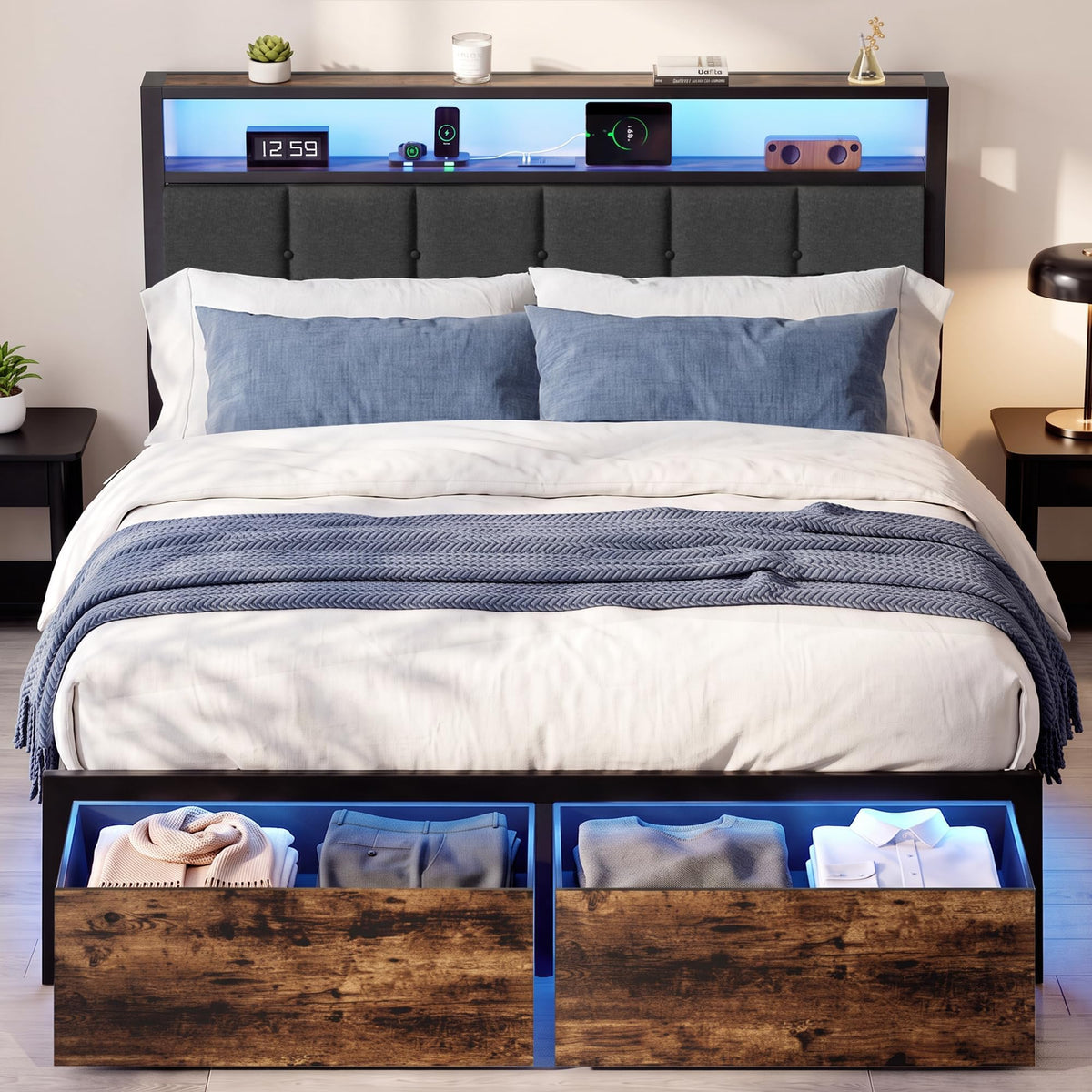 Full Bed Frame with Storage Drawers and LED Lights L357765